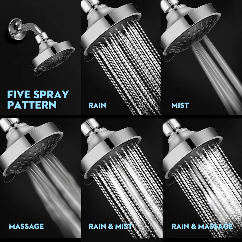 WarmSpray High Pressure Shower Head 5 Settings Fixed Showerhead 4 Inch High Flow Bathroom Showerhead with Adjustable Brass Ball Joint for Luxury Shower Experience Even at Low Water Pressure - Image 2